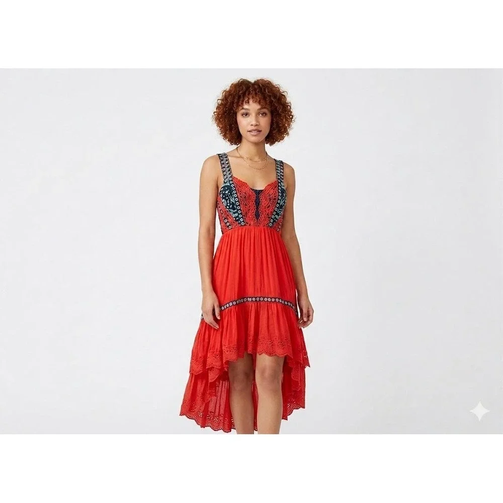Free People‎ Midi Dress 0 Red Eyelet Bossa Nova Boho Hi-Low Embroidered Festival